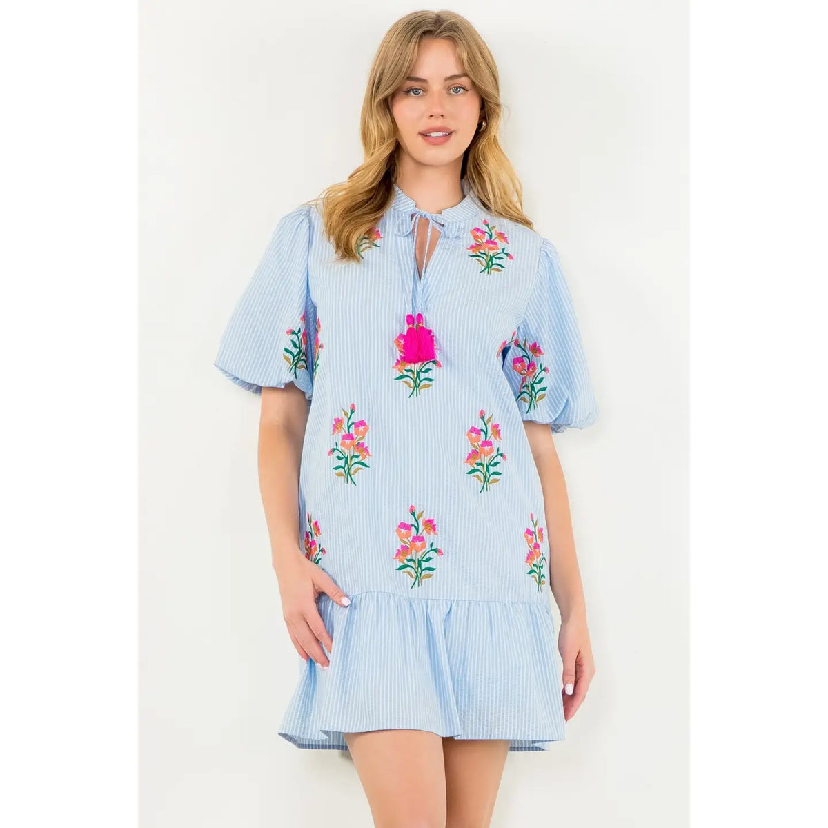 Puff Sleeve Embroidered Striped Dress