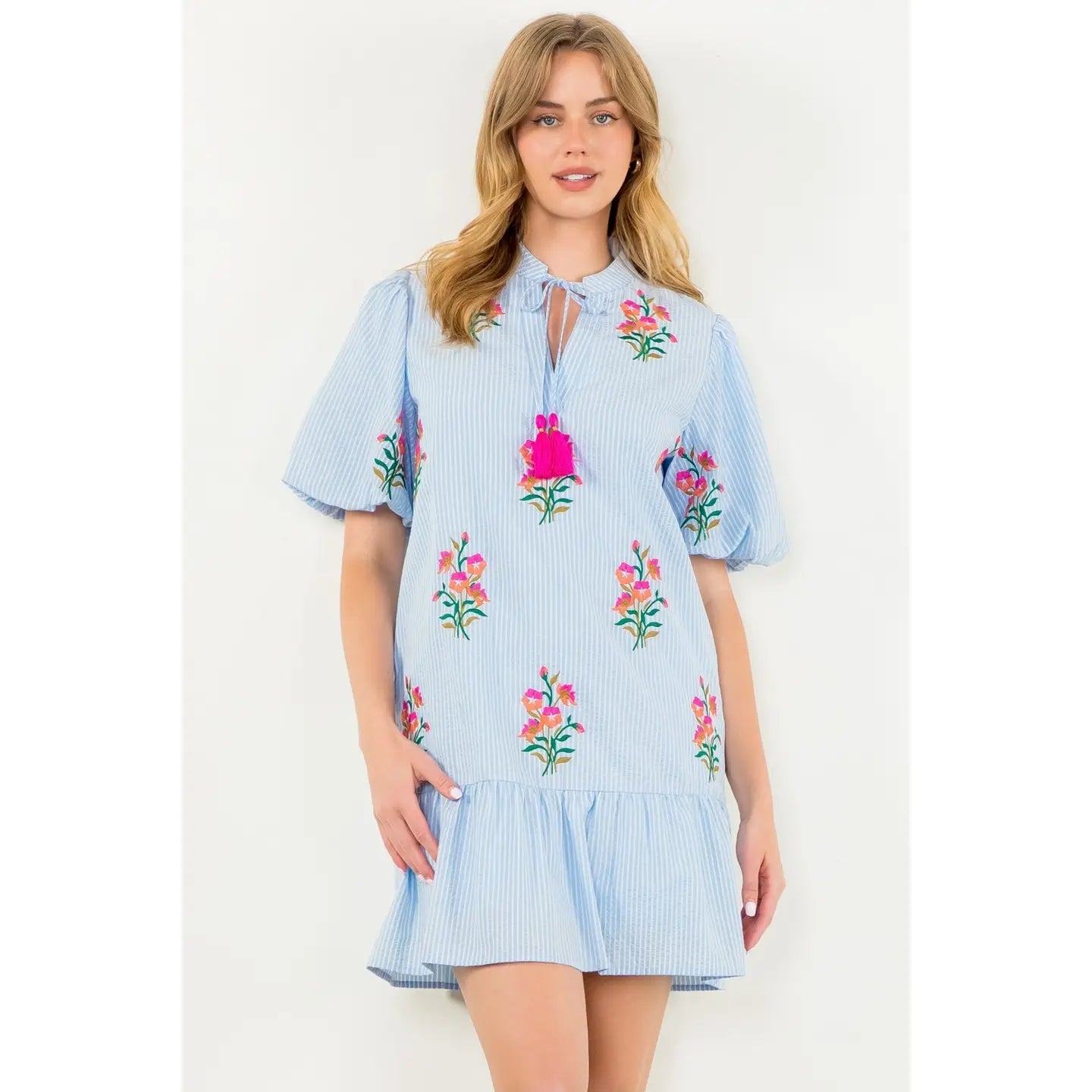 Puff Sleeve Embroidered Striped Dress - Pear and Simple Puff Sleeve Embroidered Striped Dress - Pear and Simple