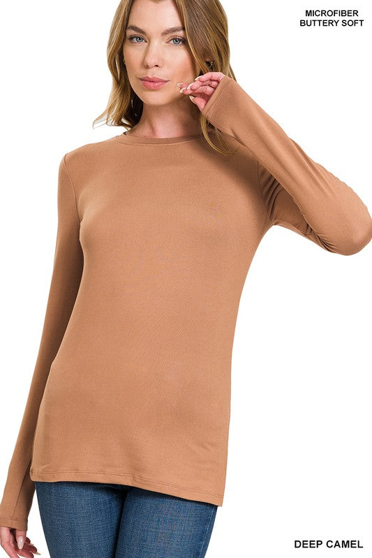 Brushed Microfiber Long Sleeve Round Neck Tee