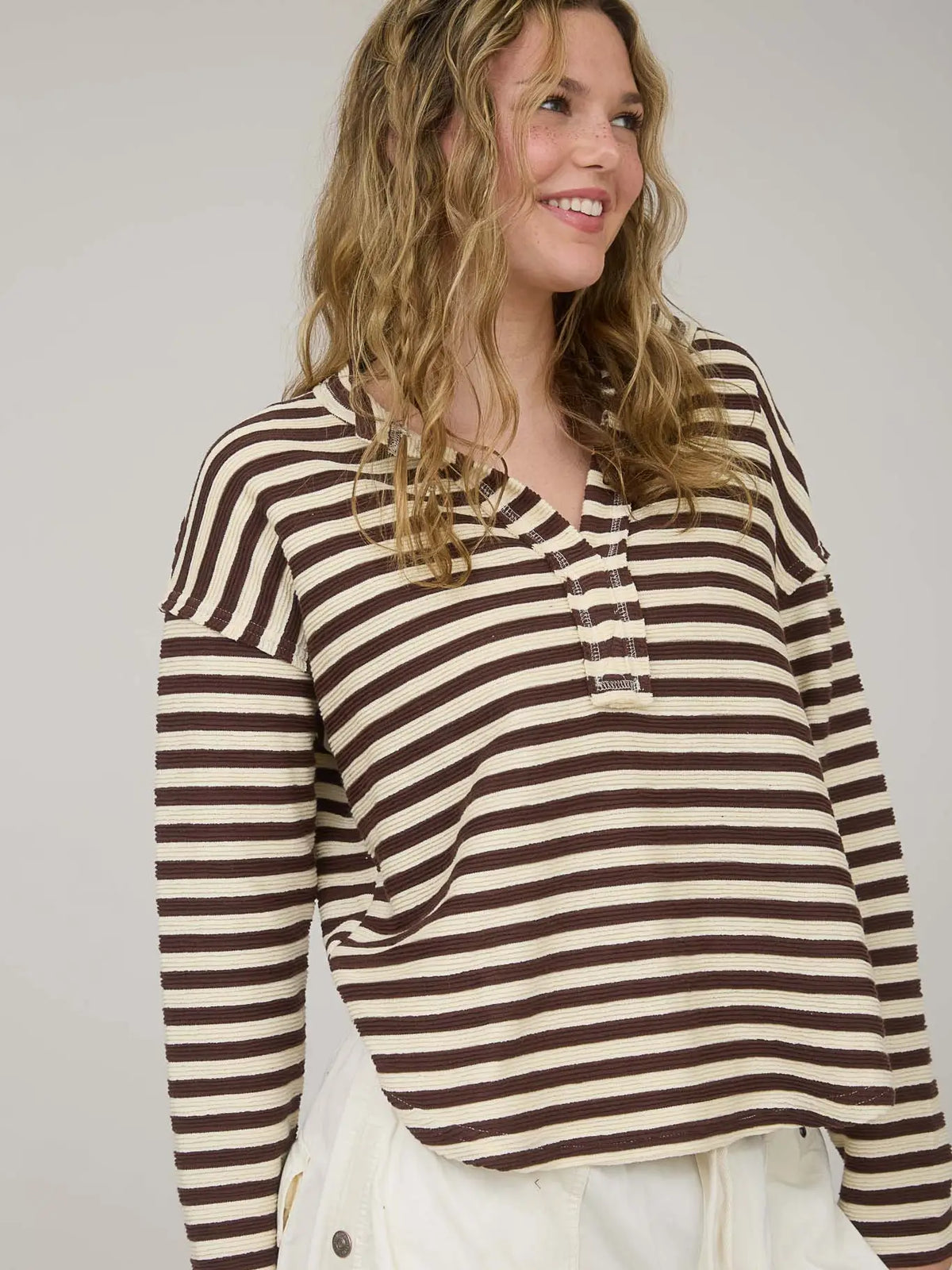 Textured Stripe Split Neck Long Sleeve