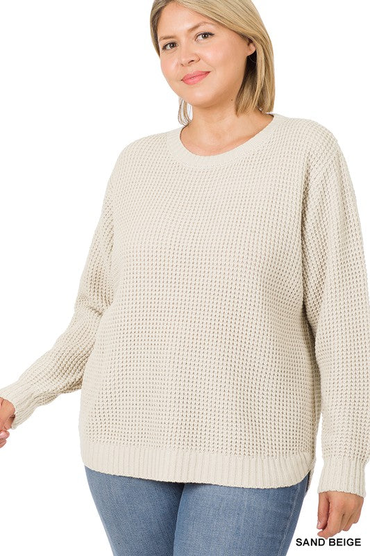 Hi Low Long Sleeve Round Neck Waffle Sweater
