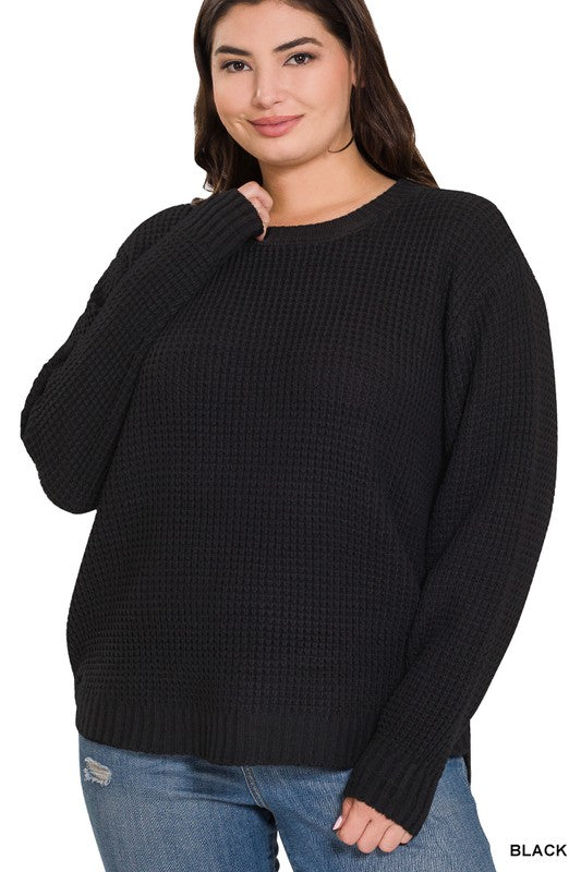 Hi Low Long Sleeve Round Neck Waffle Sweater