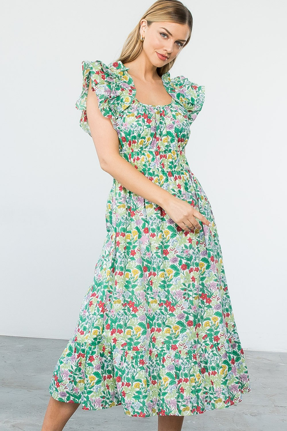 Flower Print Ruffle Sleeve Maxi Dress