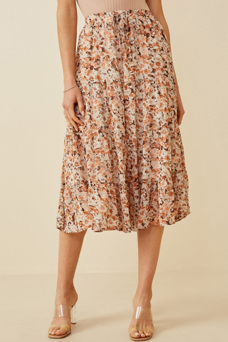 Floral Printed Elastic Waist Midi Skirt