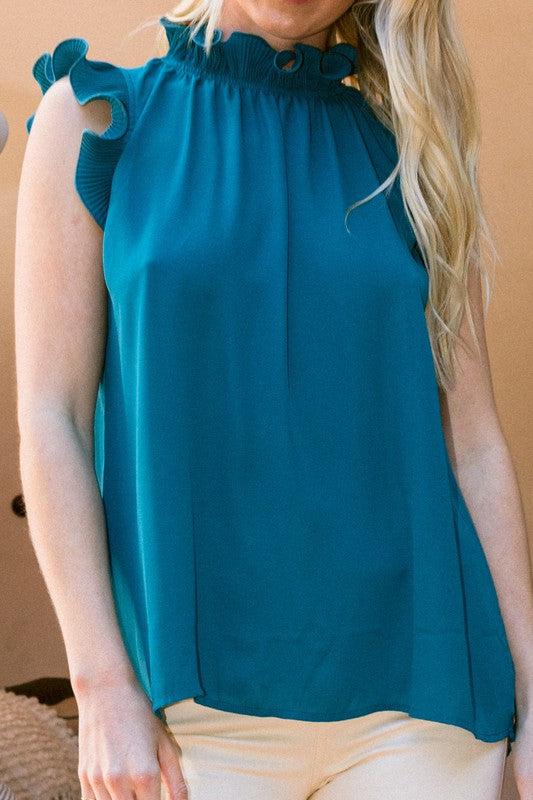 Pleated Ruffle Neck Solid Woven Blouse