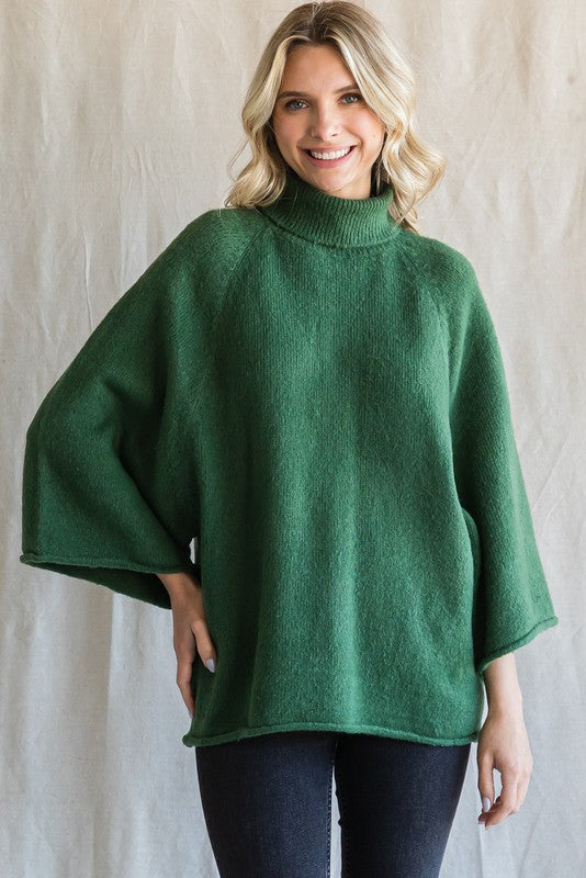 Solid 3/4 Dolman Sleeve Turtleneck Pullover