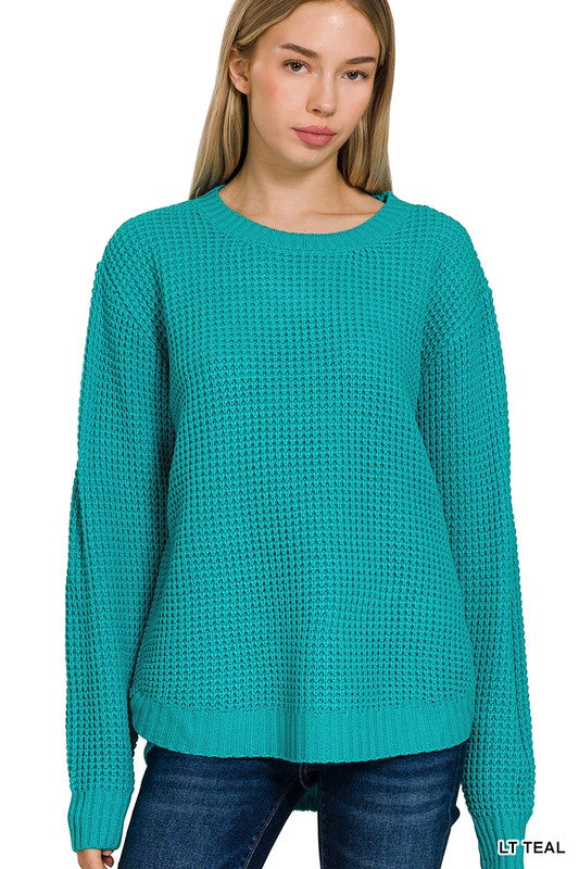 Long Sleeve Round Neck Waffle Sweater