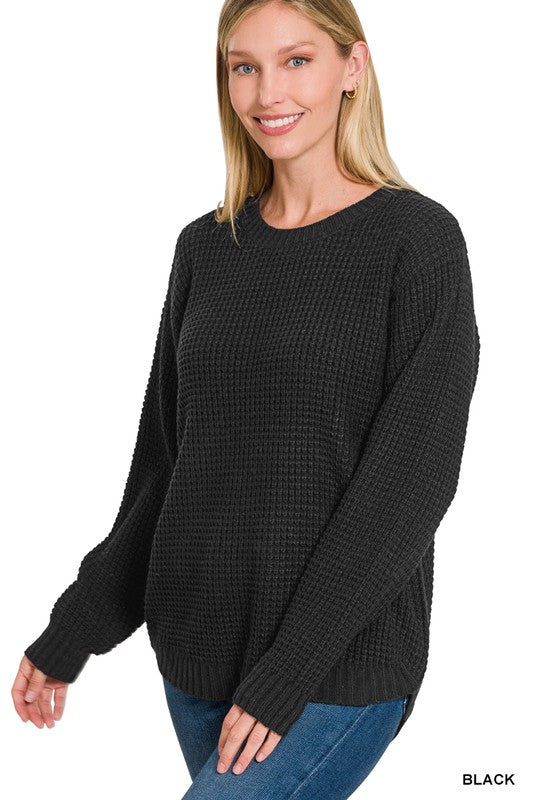 Long Sleeve Round Neck Waffle Sweater