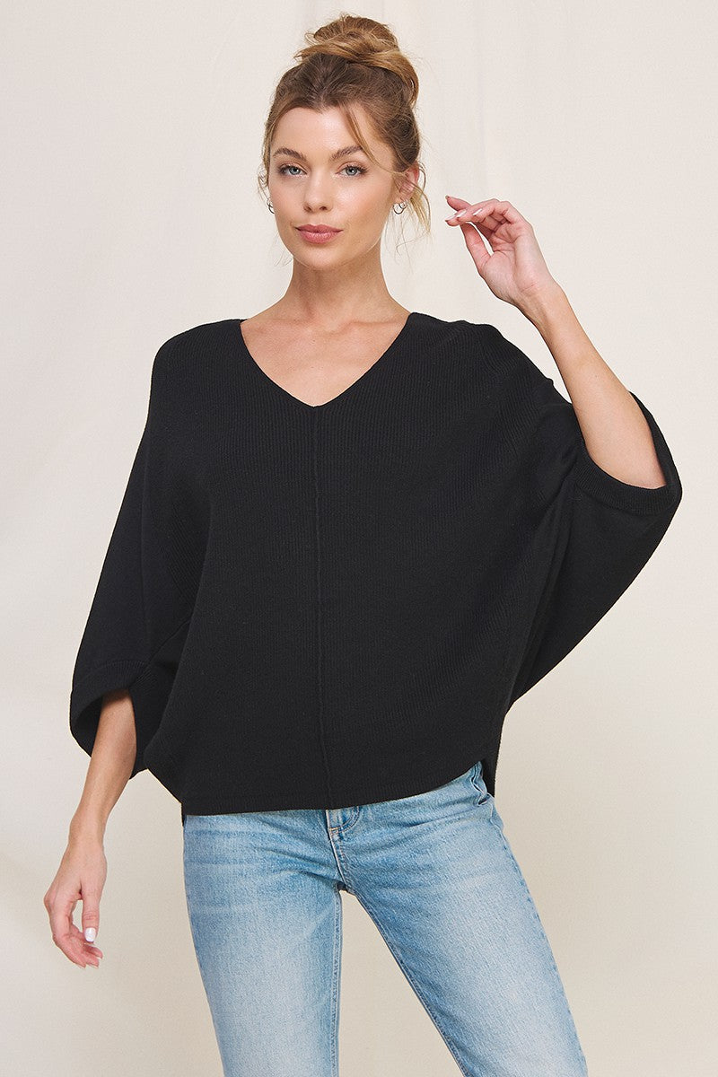 Soft Elbow Sleeve Mixed Texture V-Neck Dolman Sweater