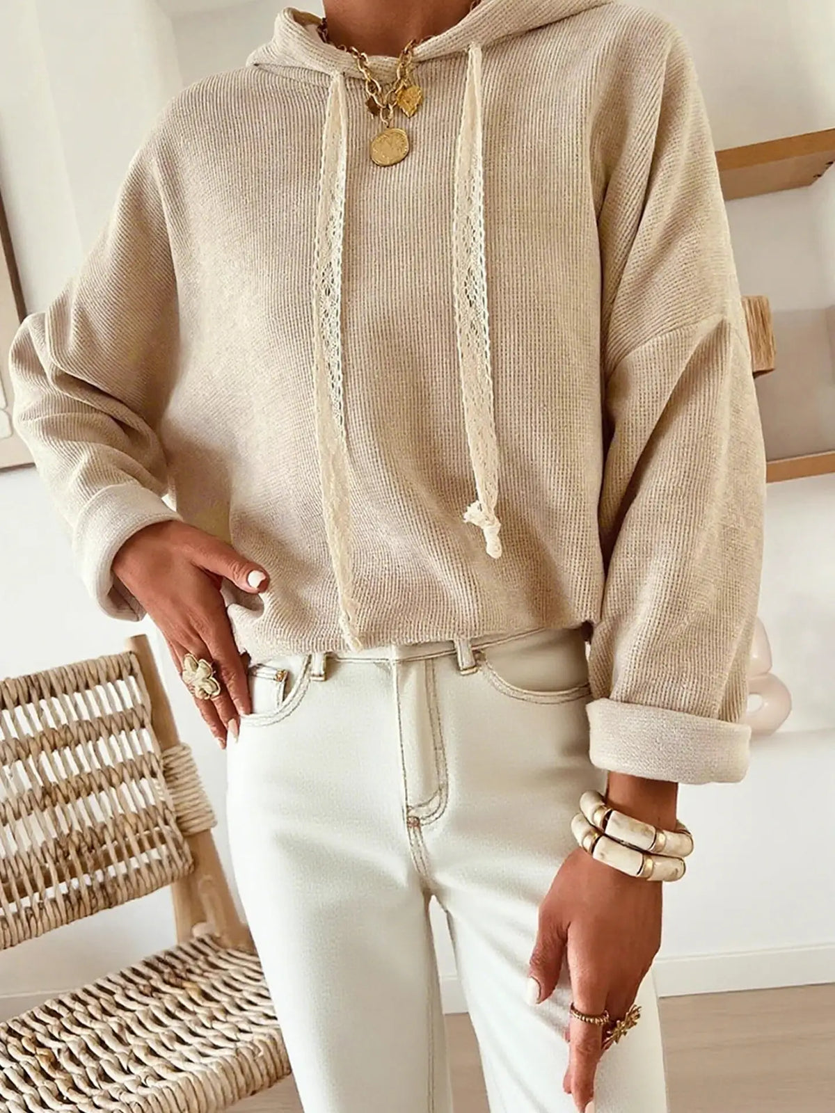 Textured Lace Drawstring Baggy Hoodie