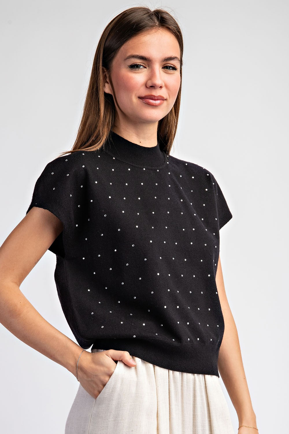 Rhinestone Mock Neck Short Sleeve Top