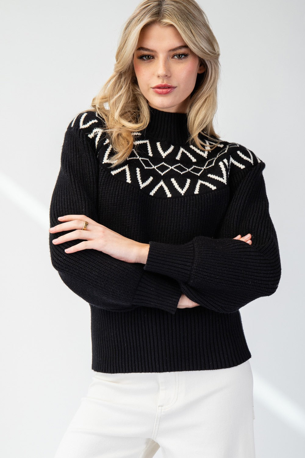 Geometric Pattern Mock Neck Sweater Top