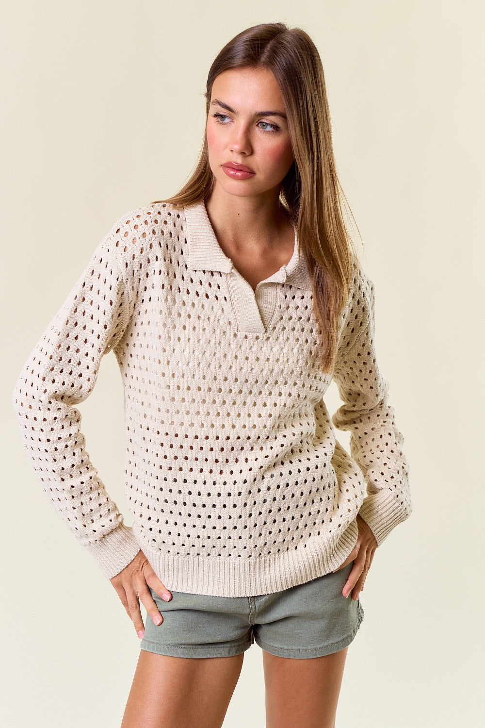 Split V-Neck Polo Sweater Top