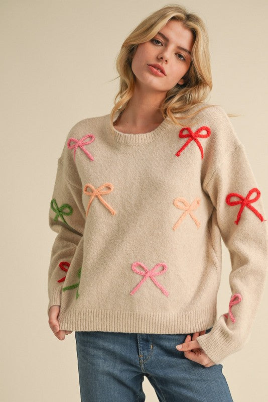 Bow Pattern Patch Sweater Knit Top
