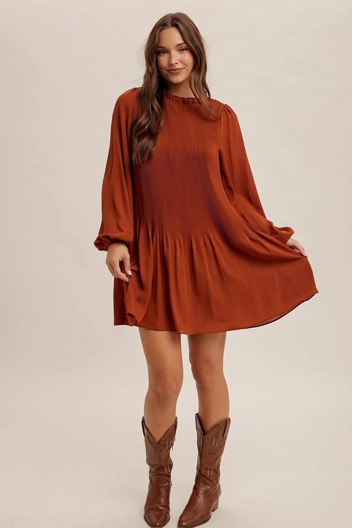 Pleated Ruffle Neck Mini Dress