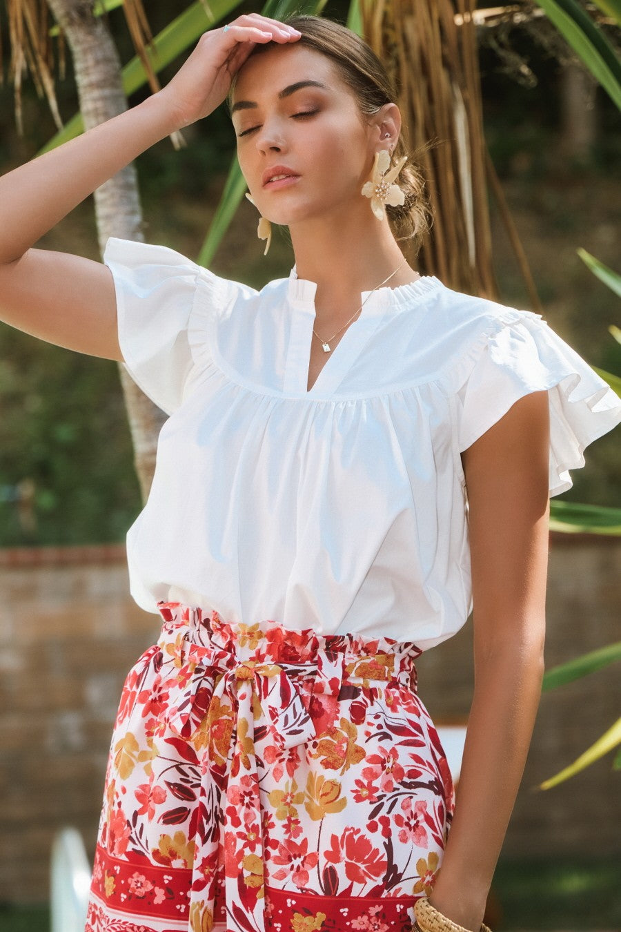 Plus Solid Short Flutter Sleeve Poplin Blouse