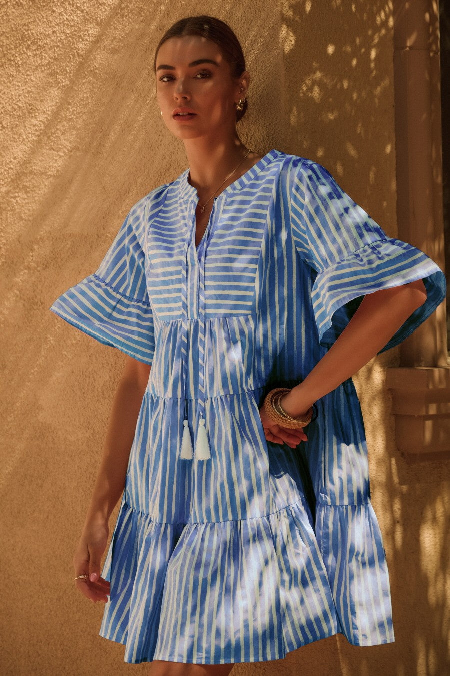 Plus Striped Poplin Tiered Baby Doll Mini Dress