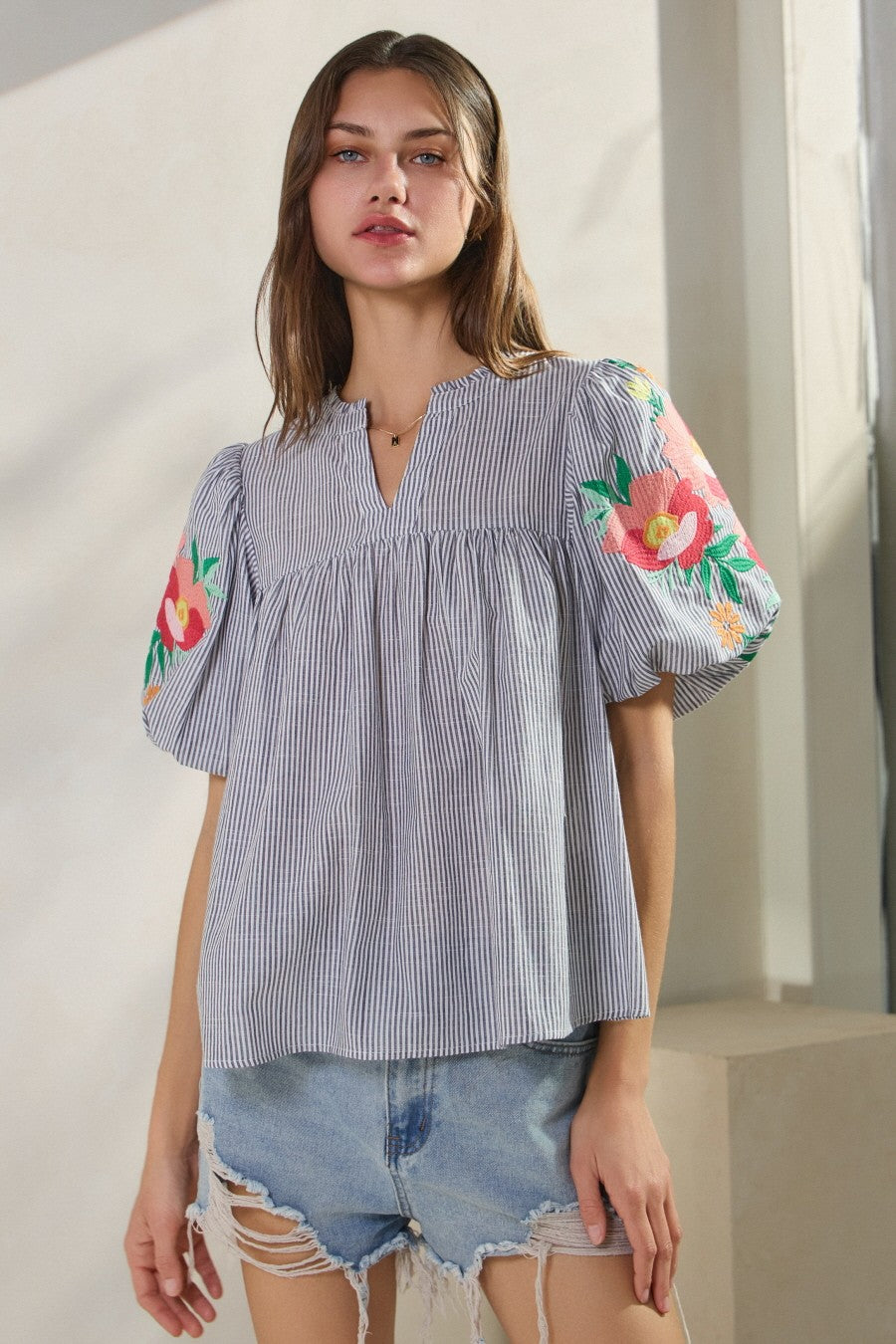 Plus Yarn Dye Striped Fabric Blouse