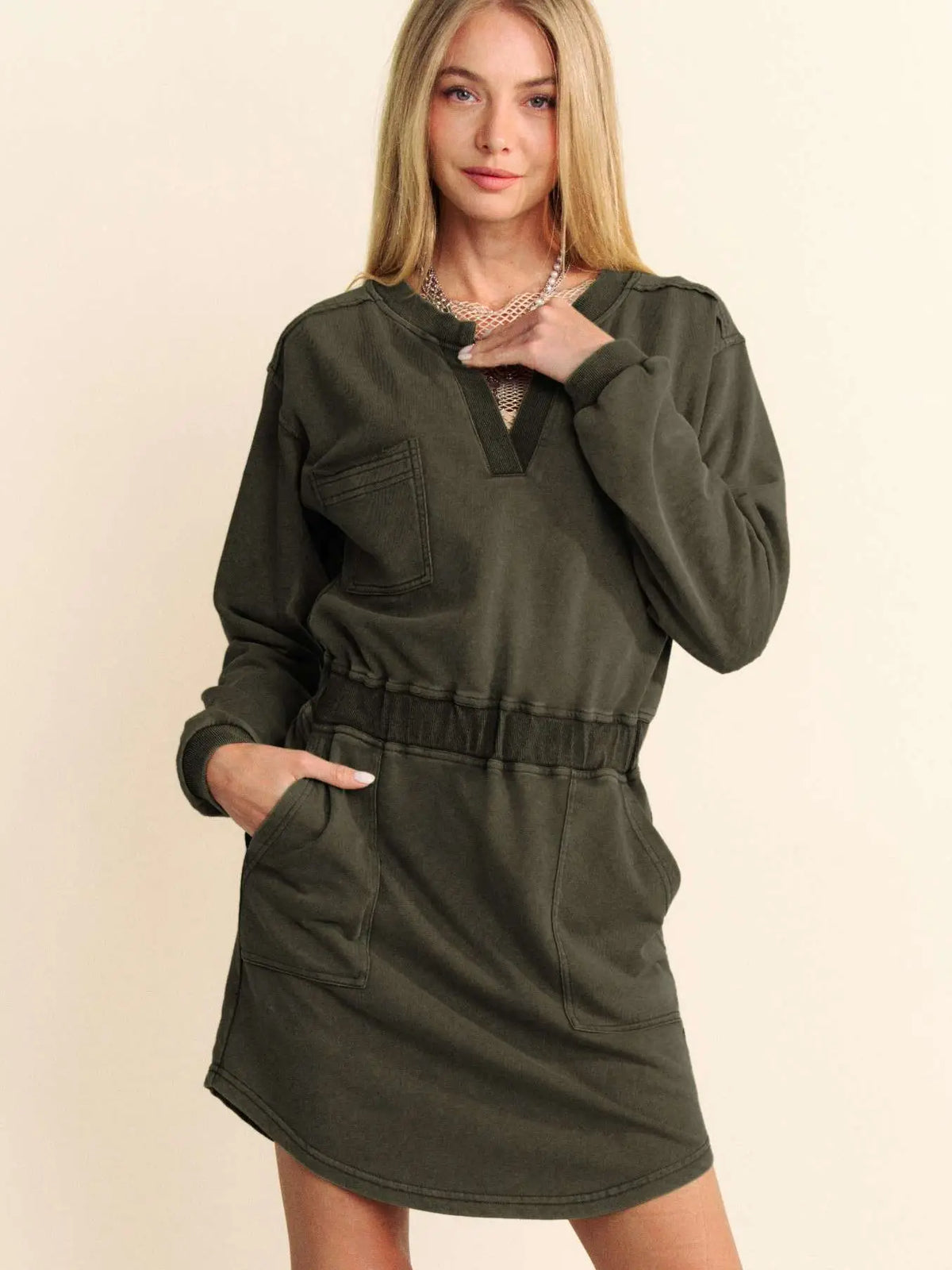 Washed French Terry Long Sleeve Utility Mini Dress (Plus)