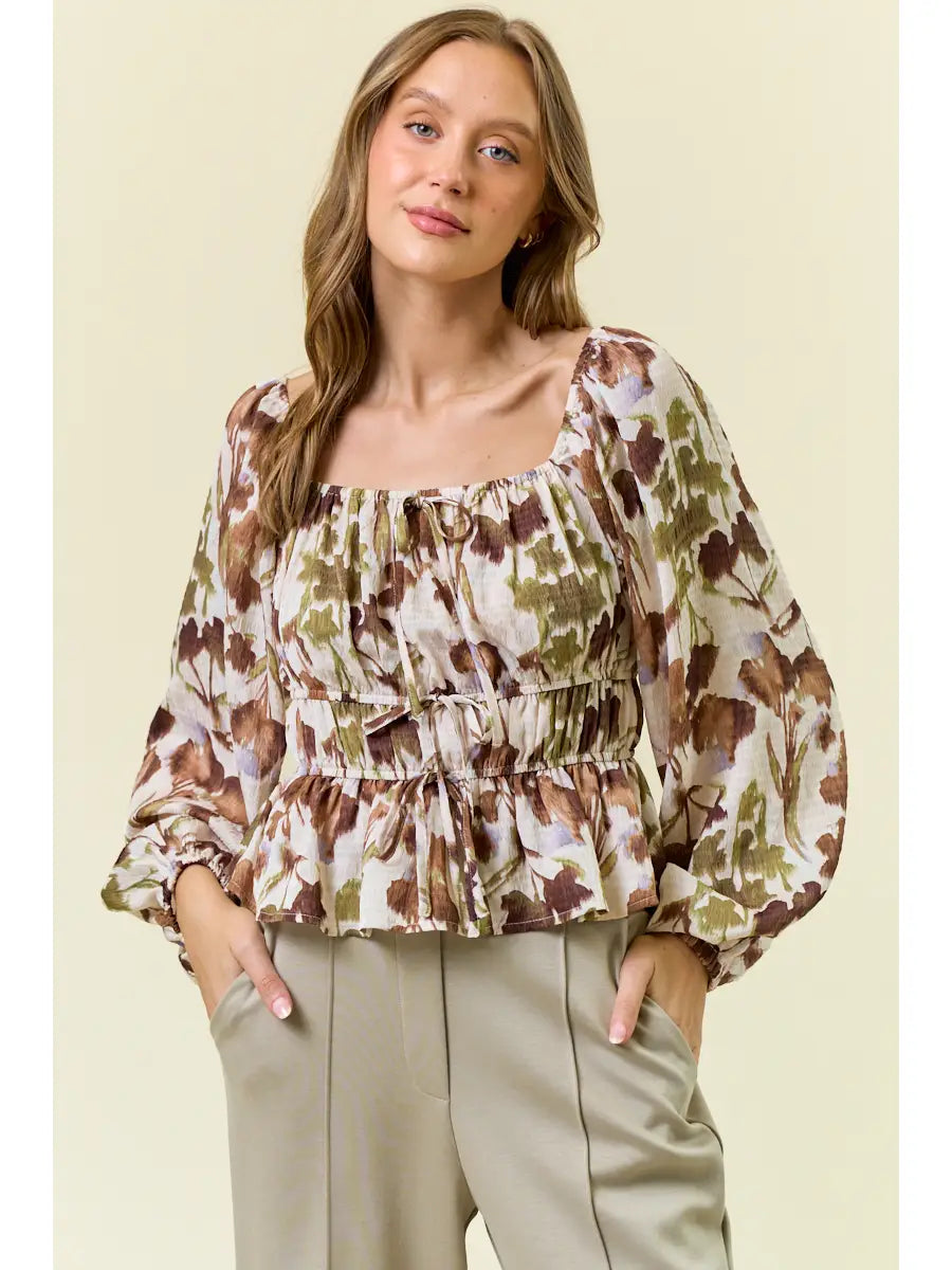 Abstract Floral Square Neck Blouse