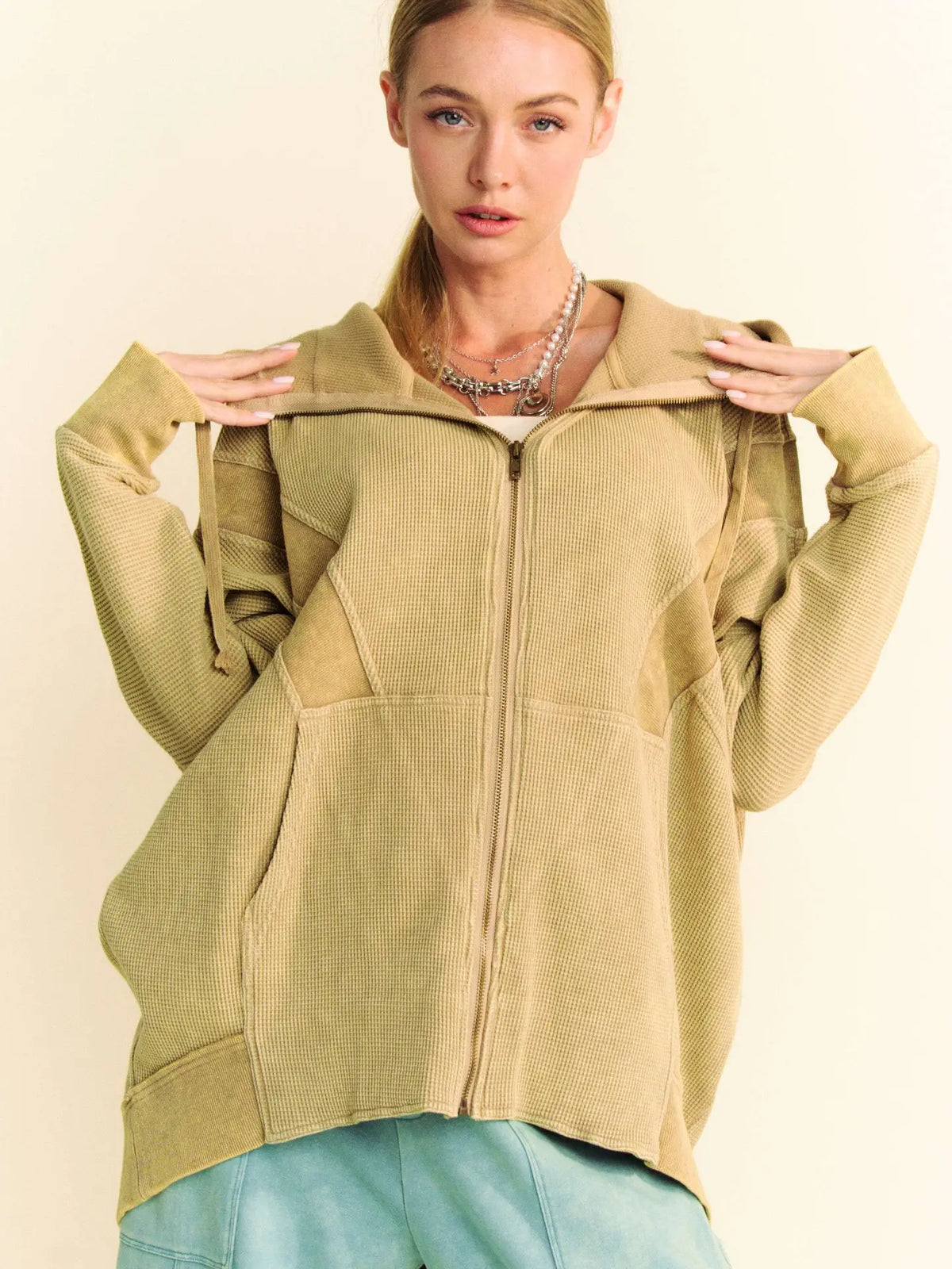 Washed Waffle Knit Rib Contrast Hooded Jacket