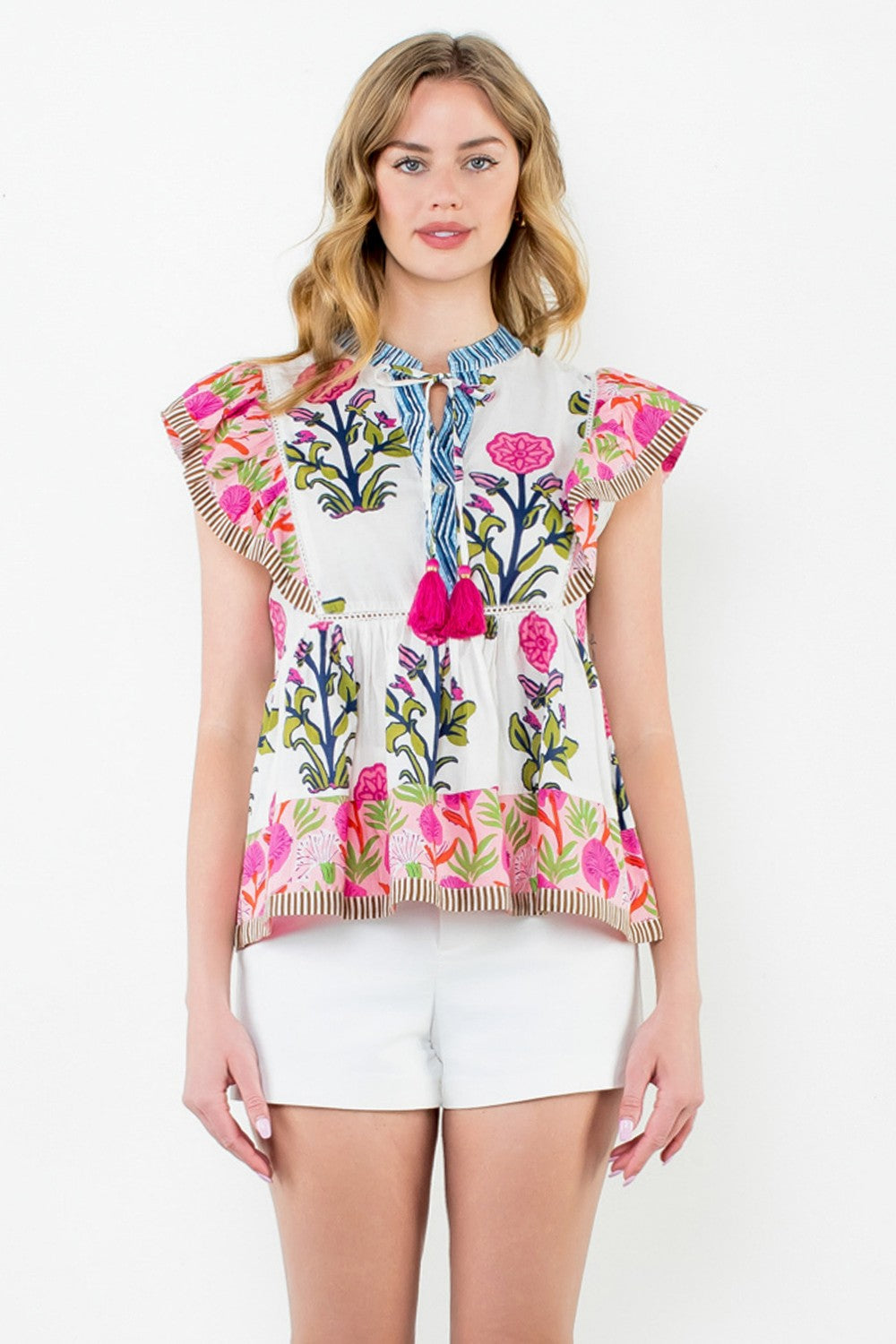 Flutter Sleeve Tassel Floral Top