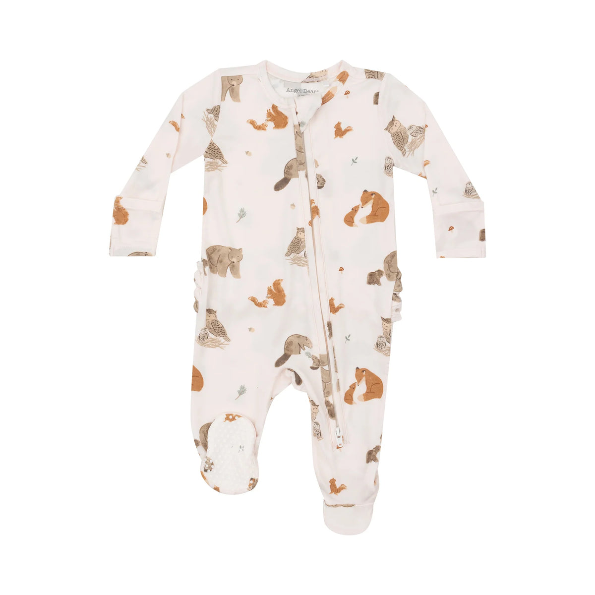 Mixed Woodland Animals Pink 2-Way Zipper Ruffle Back Footie