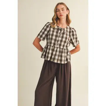Keyhole Gingham Peplum Blouse