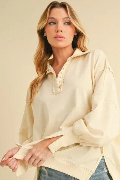 Washed Snap Long Sleeve Pullover