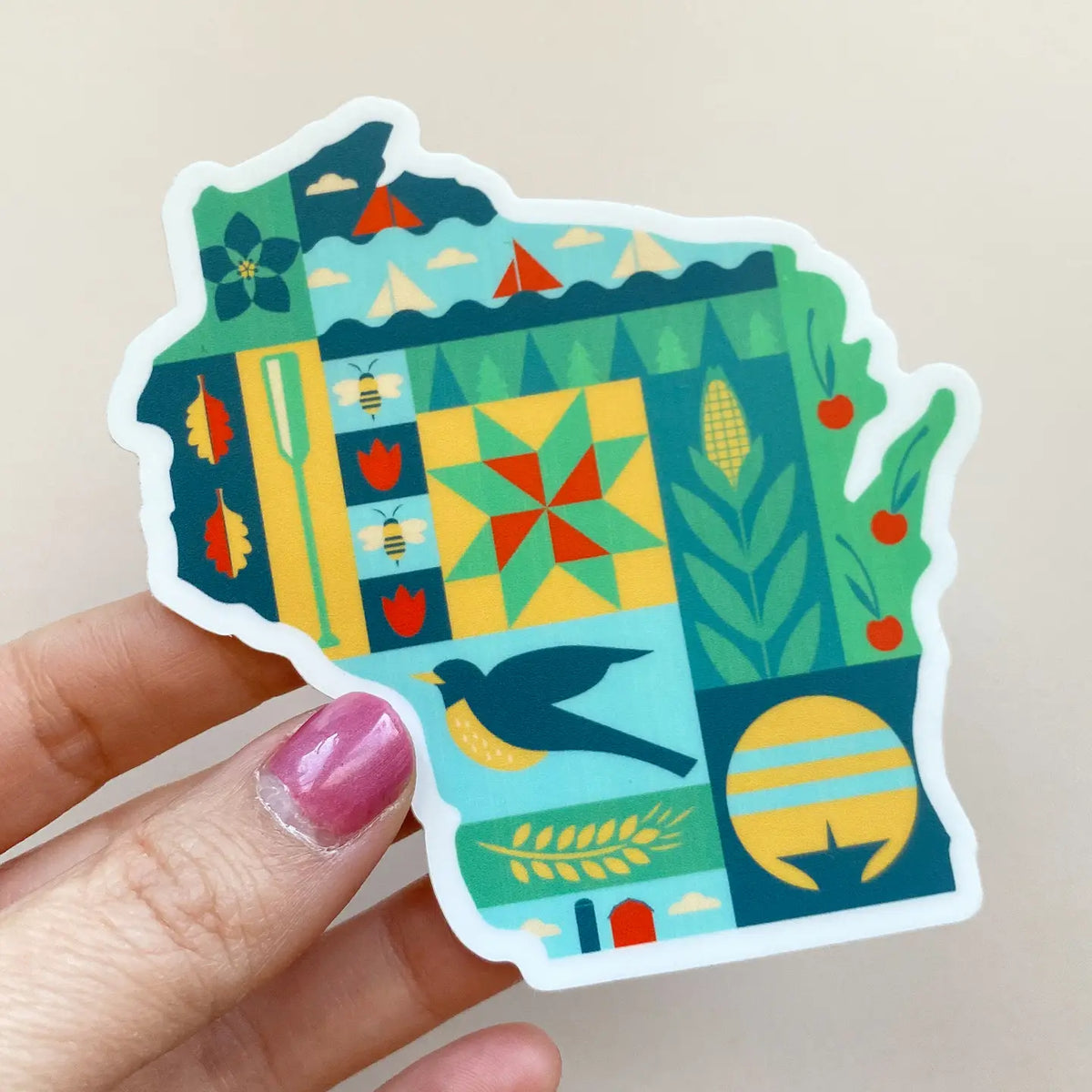 WI Quilt Pattern State Vinyl Sticker