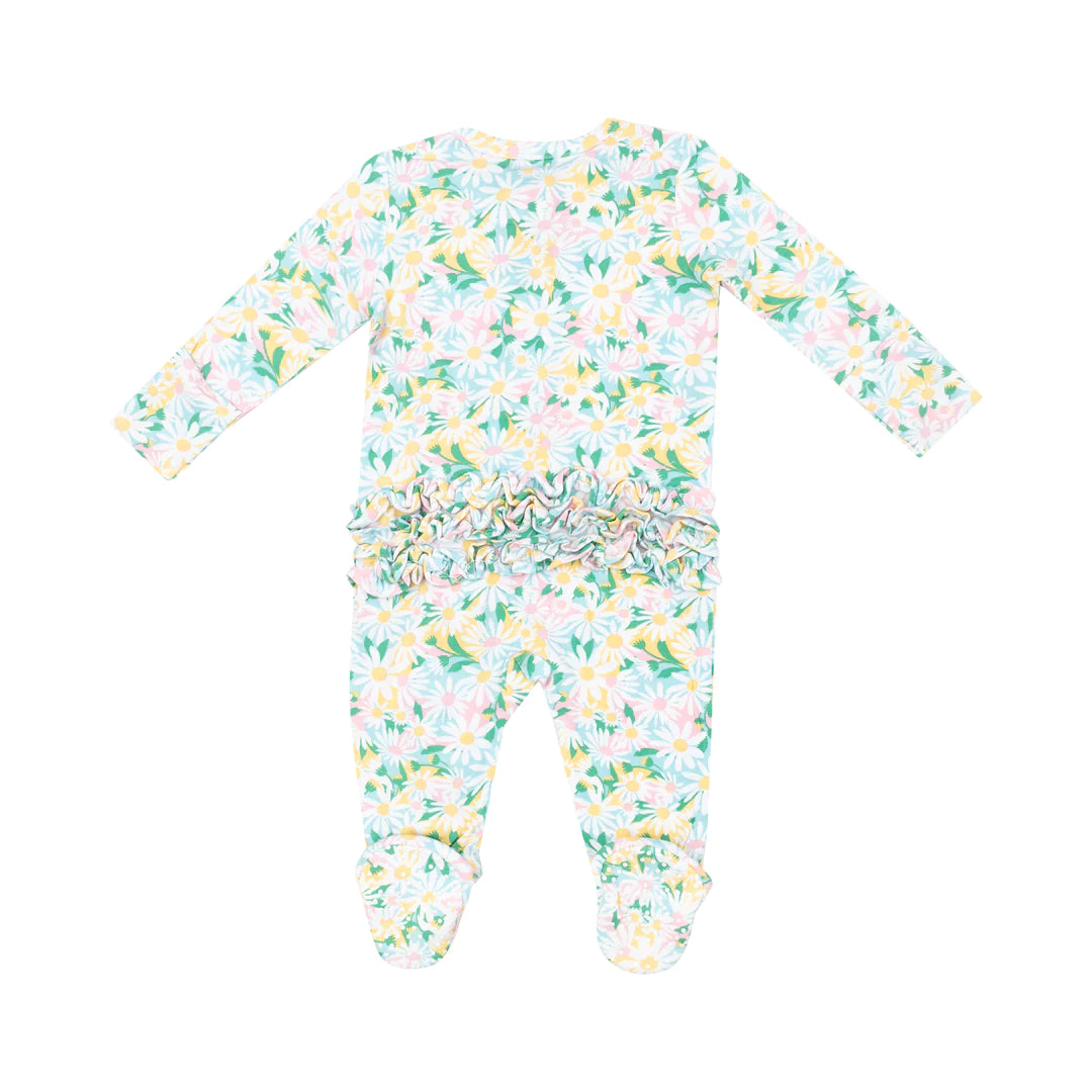 Color Fill Daisies Ruffle Front Zipper Footie