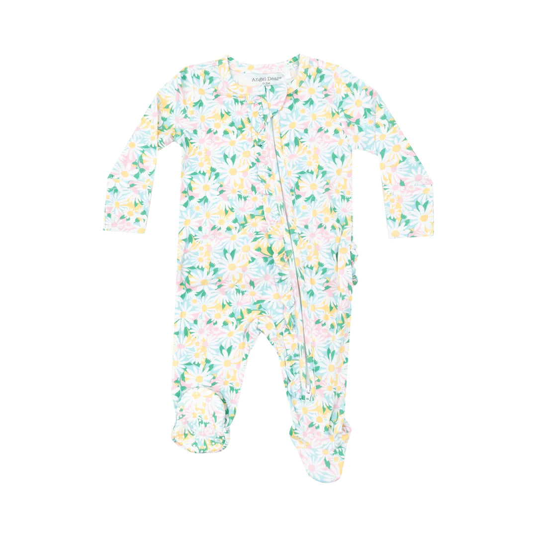 Color Fill Daisies Ruffle Front Zipper Footie