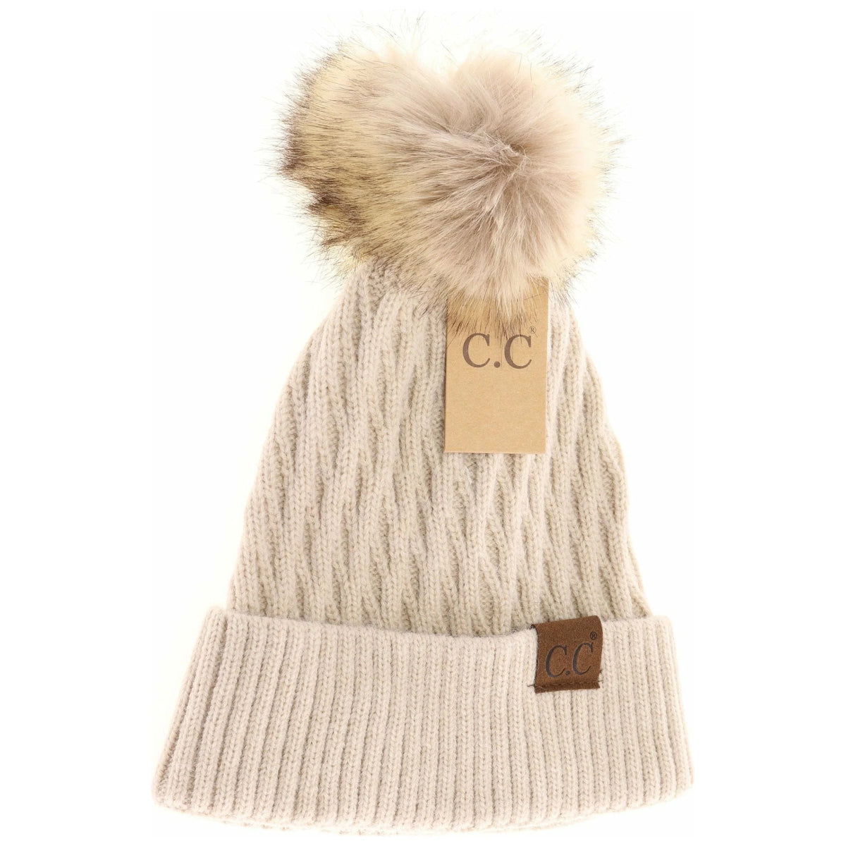Solid Honey Comb Fur Pom CC Beanie