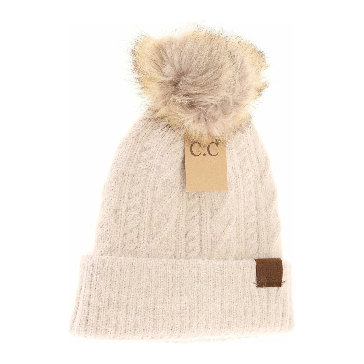 Soft Cuff Cable Knit Fur Pom CC Beanie
