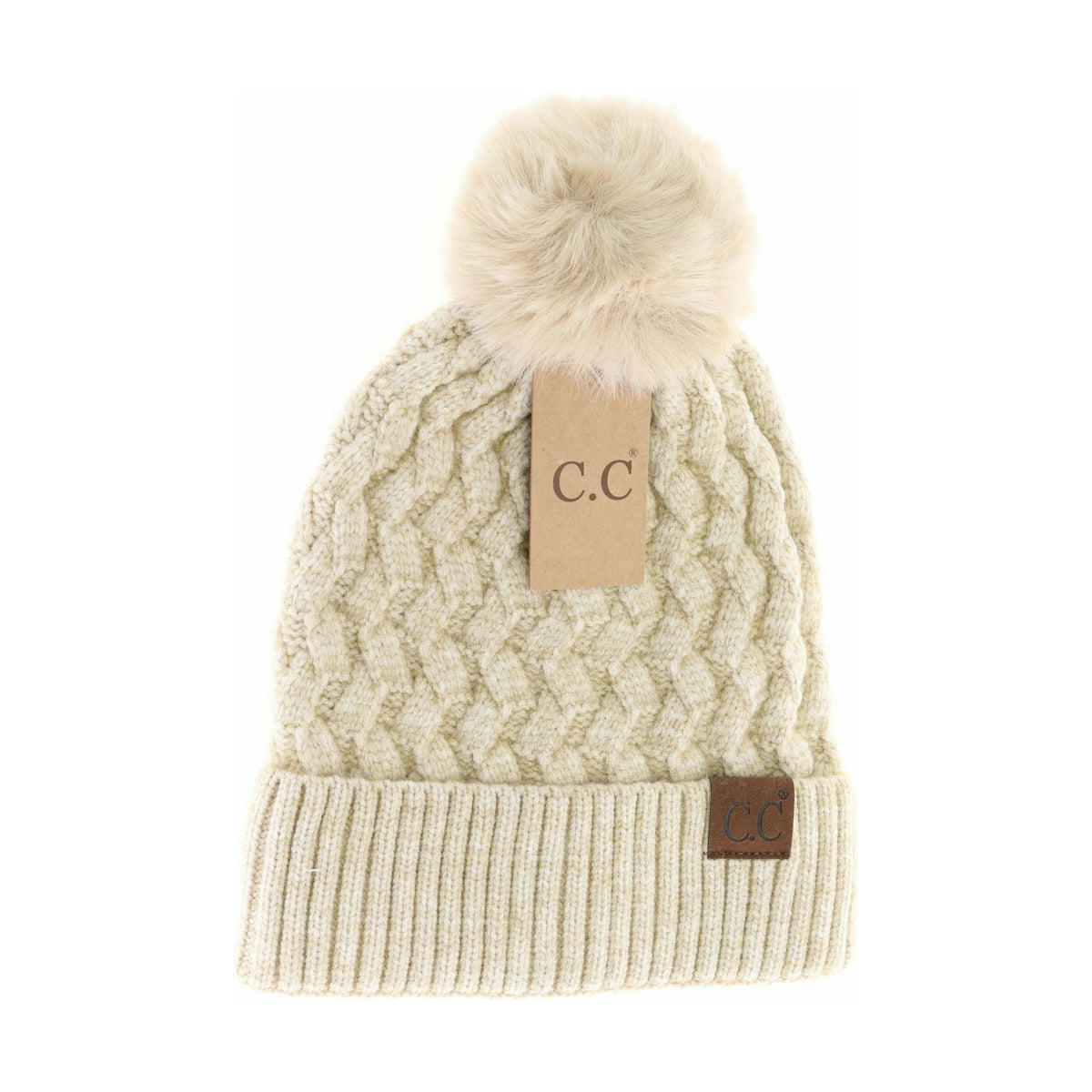 Woven Cable Knit Cuffed Fur Pom Beanie