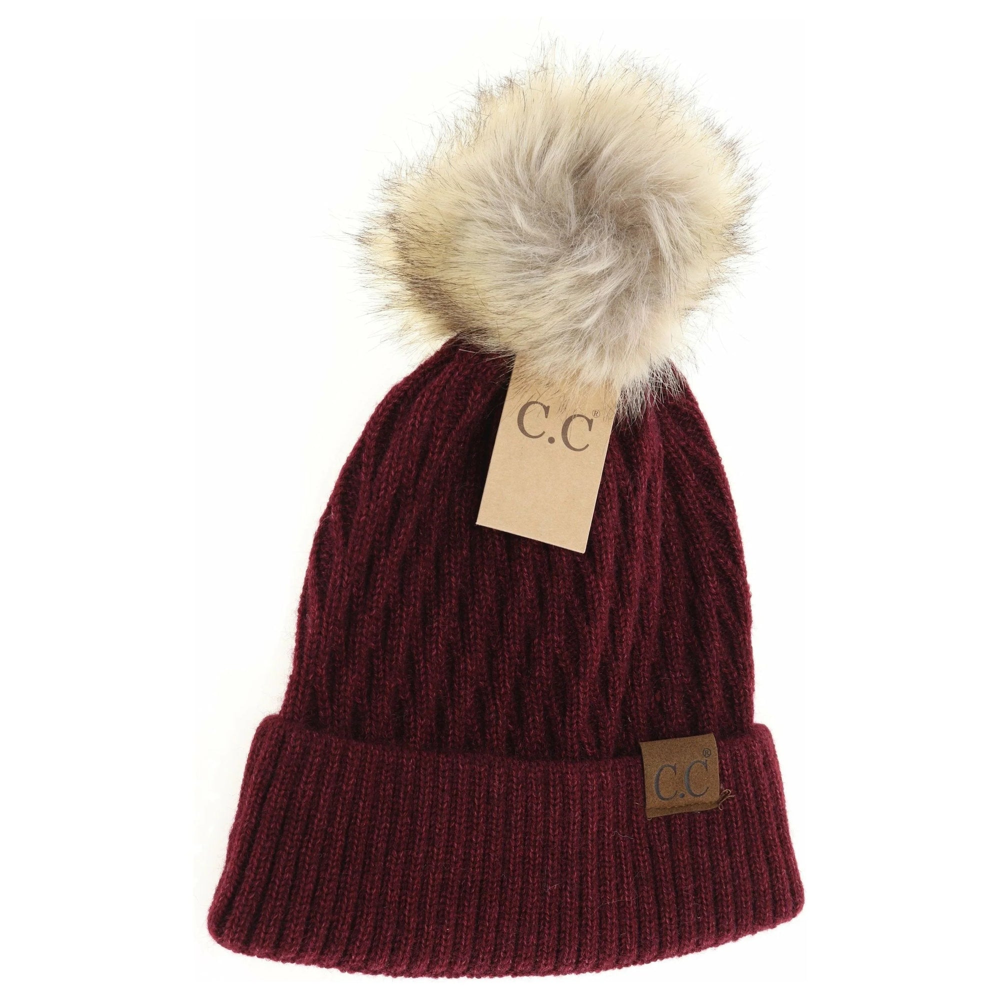 Solid Honey Comb Fur Pom CC Beanie