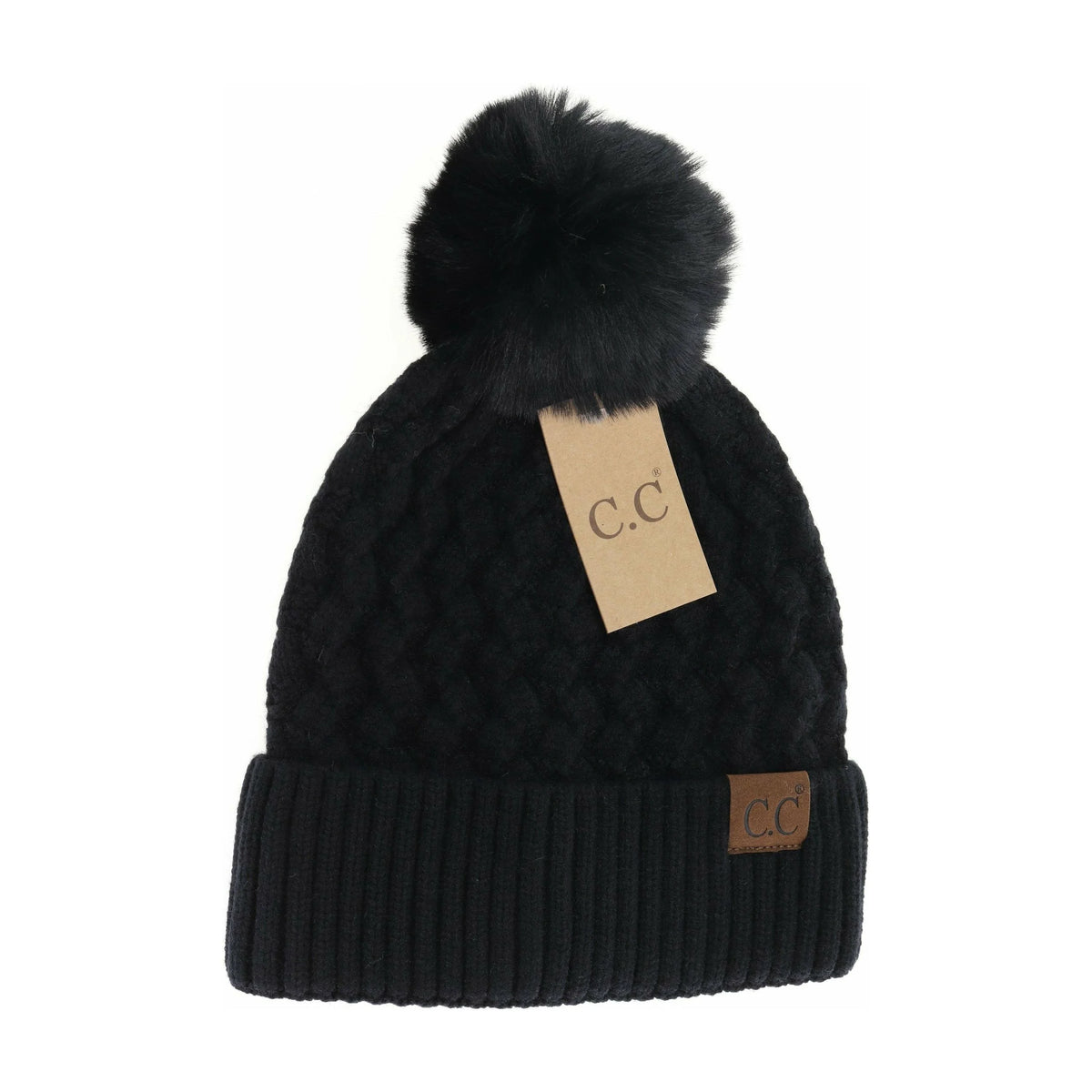 Woven Cable Knit Cuffed Fur Pom Beanie