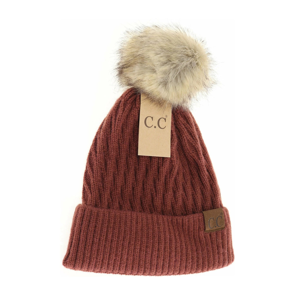 Solid Honey Comb Fur Pom CC Beanie