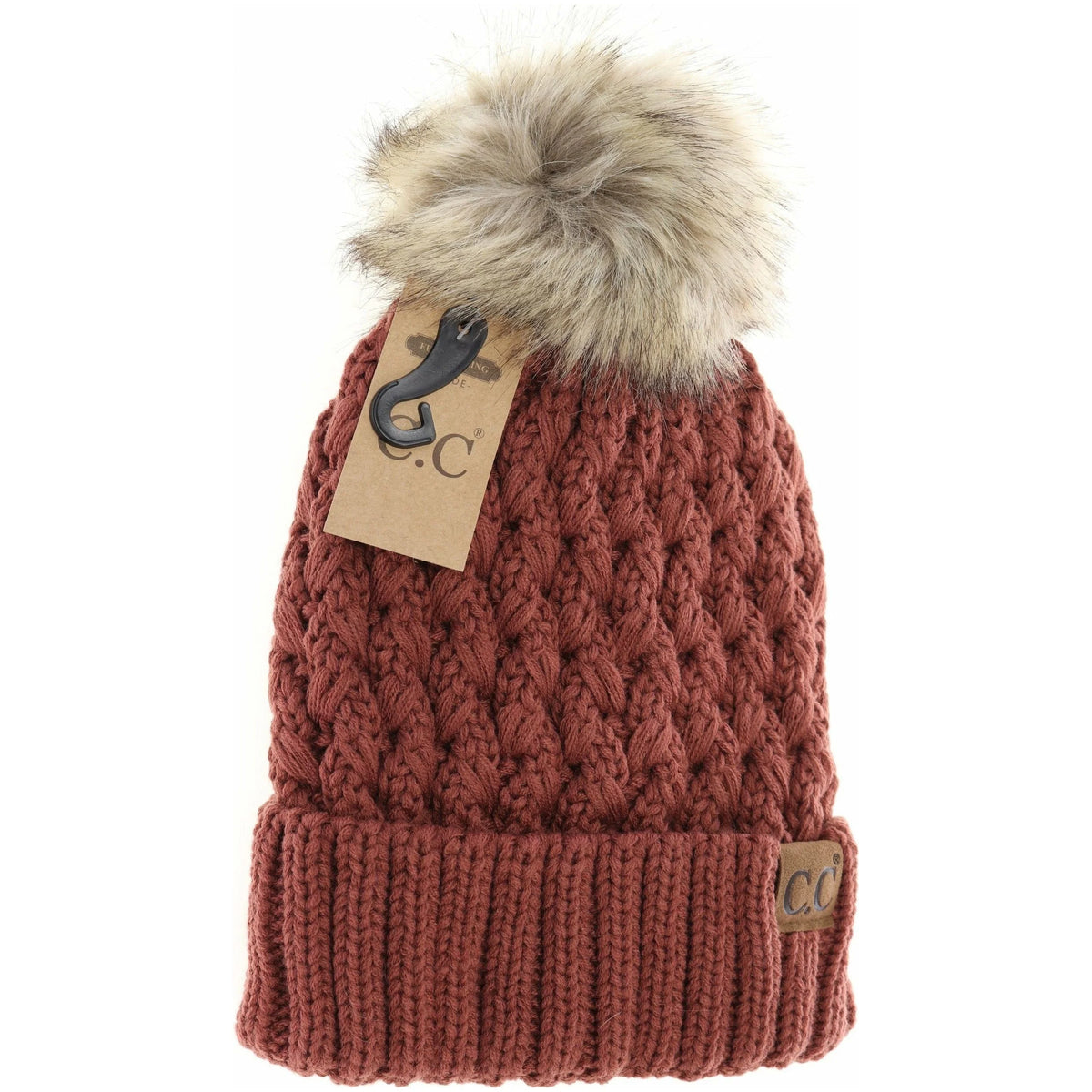 Solid Lattice Stitch Fur Pom Beanie
