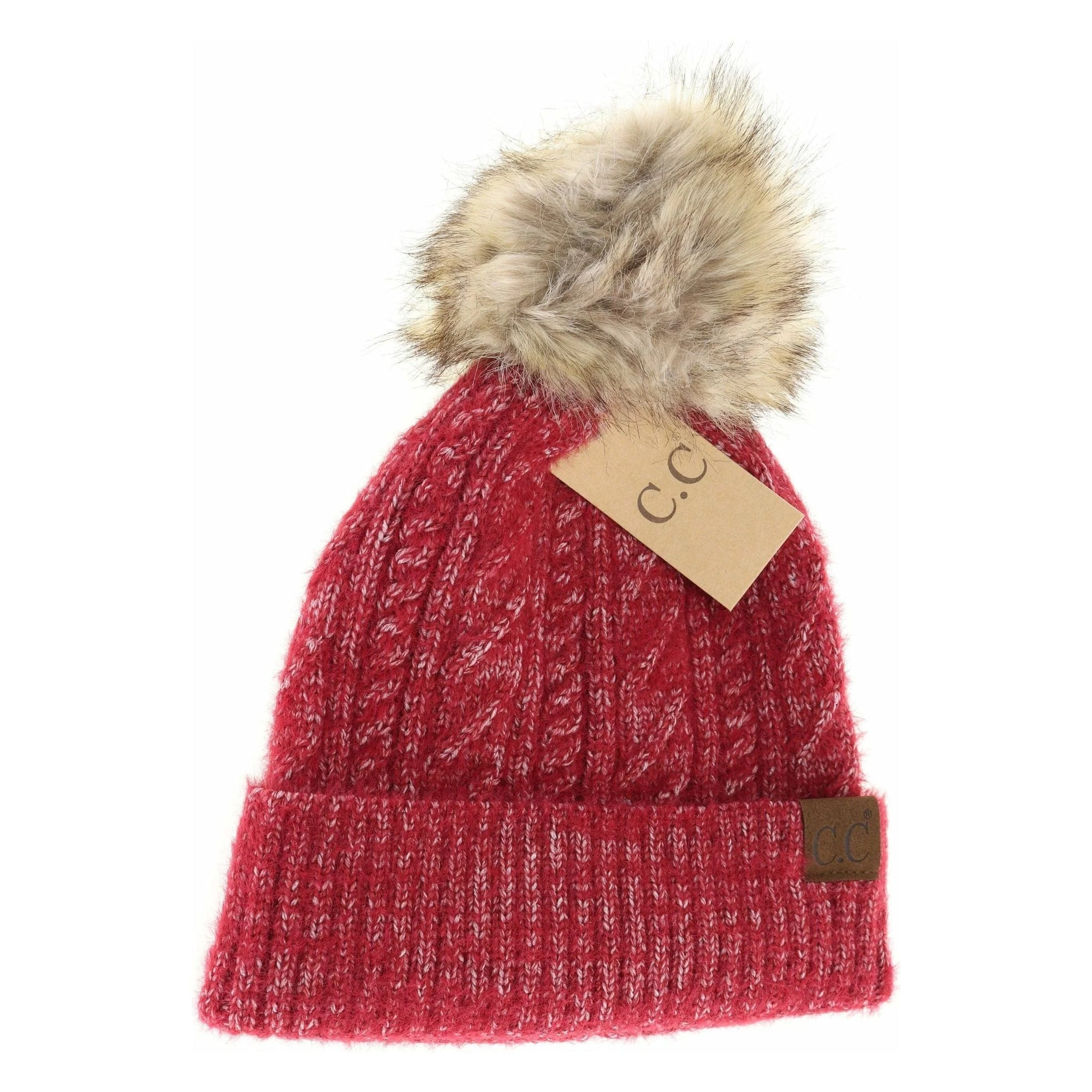 Soft Cuff Cable Knit Fur Pom CC Beanie
