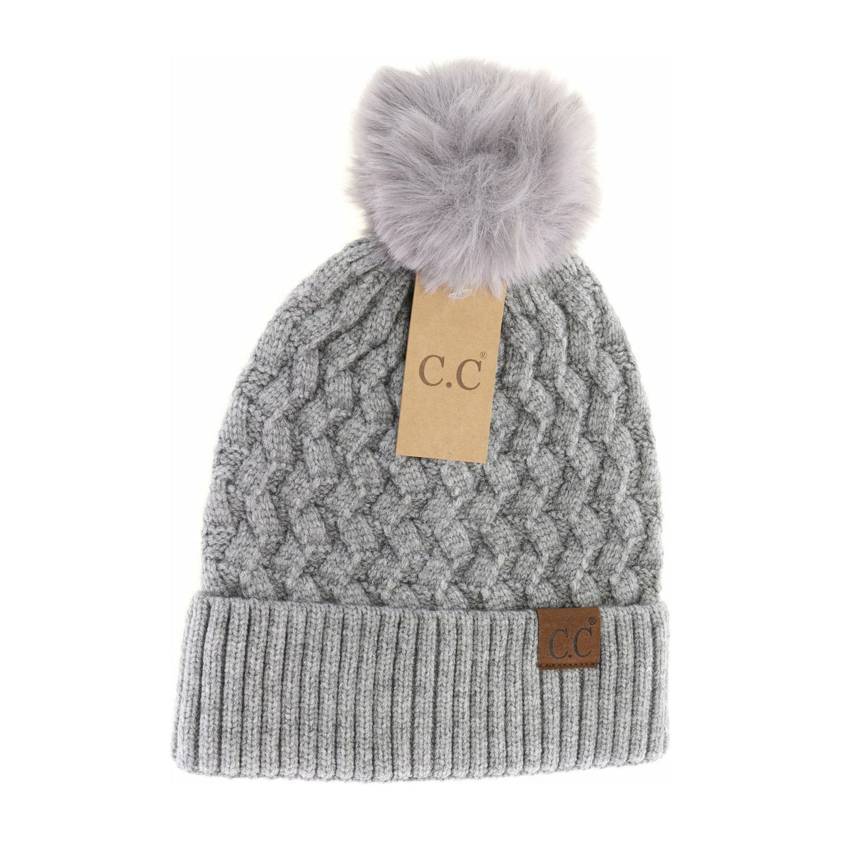 Woven Cable Knit Cuffed Fur Pom Beanie
