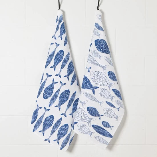 Fish Print Royal Blue Floursack Dishtowel Set