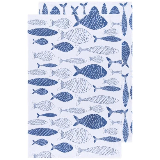 Fish Print Royal Blue Floursack Dishtowel Set