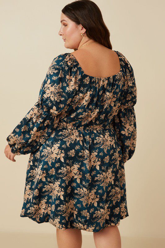 Floral Peasant Sleeve Square Neck Dress
