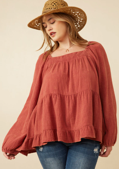 Smock Detailed Textured Peplum Top