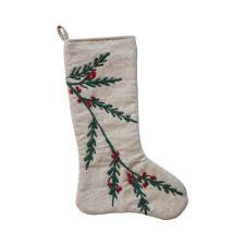 Cotton &amp; Jute Embroidered Holly Stocking