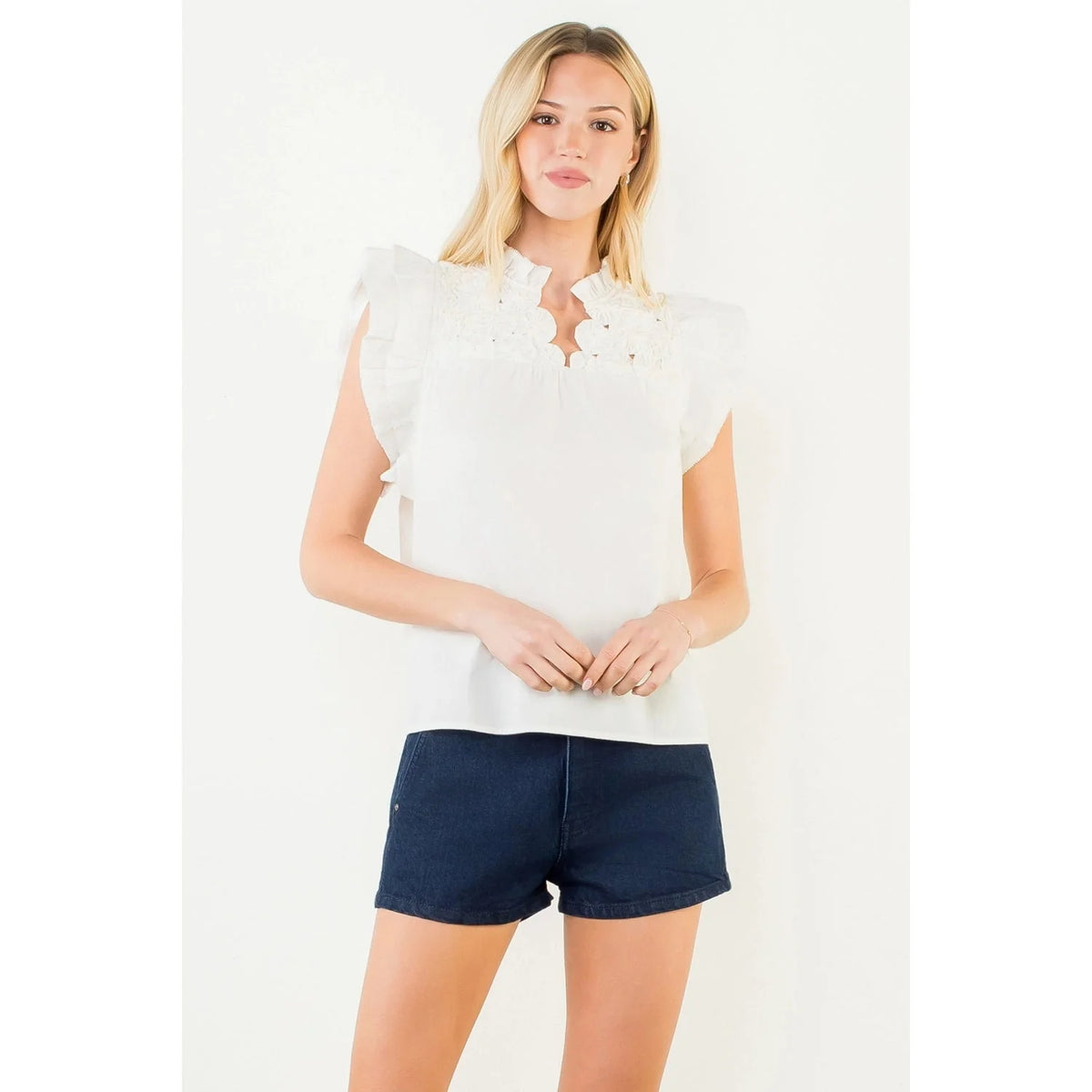 Flutter Sleeve Top w/ Embellished Yoke