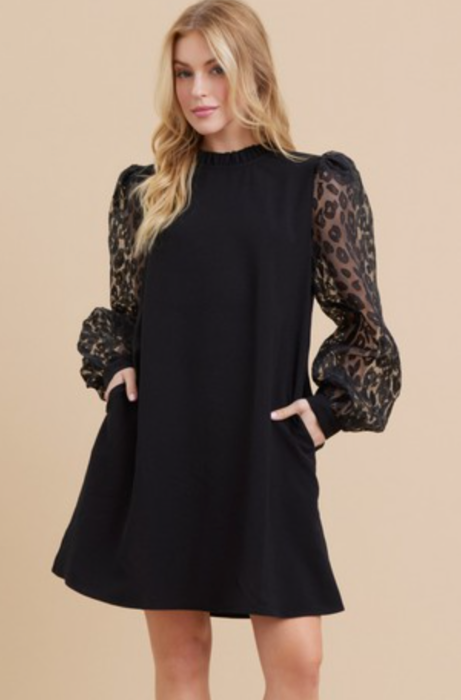Mix Fabric Frilled Neck Dress