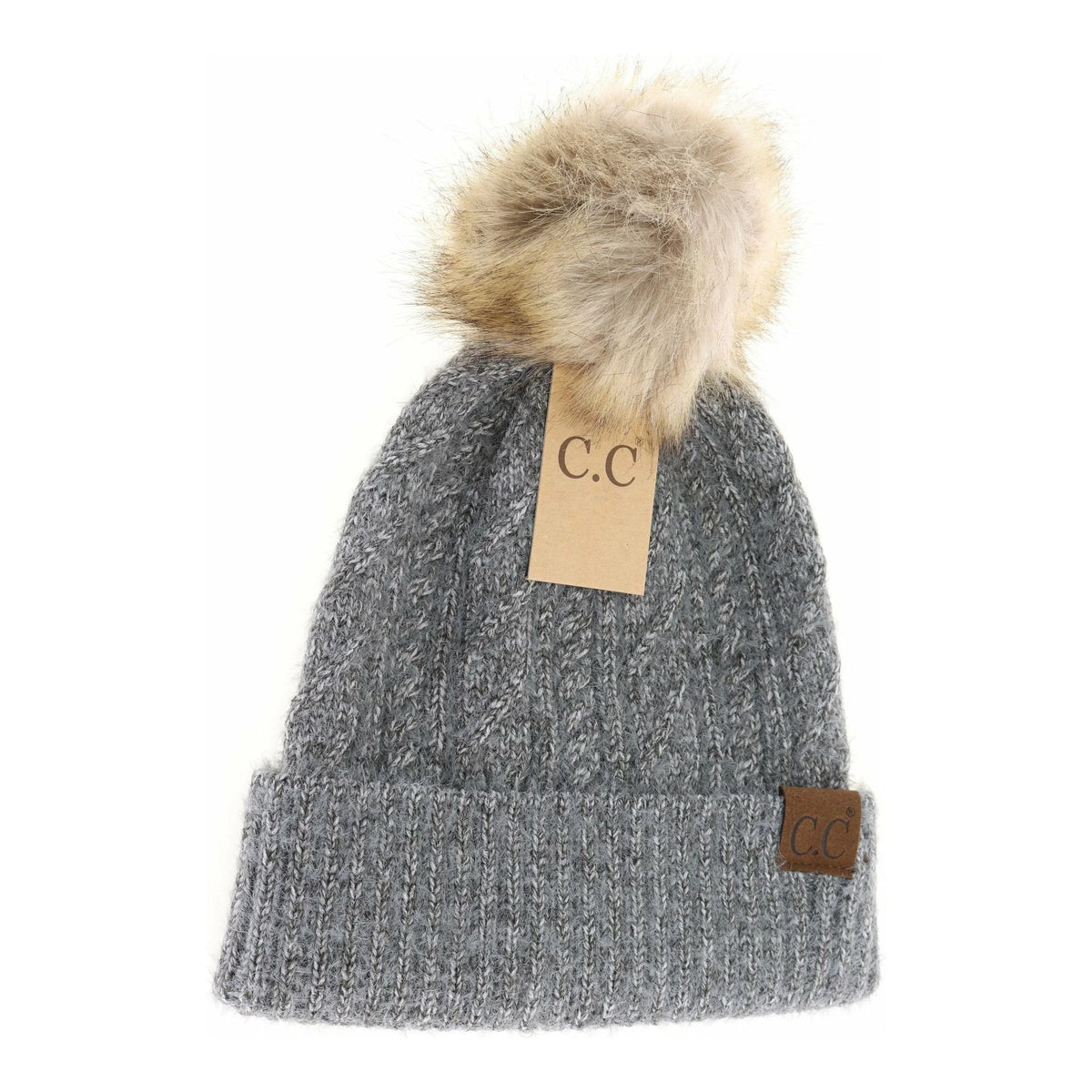Soft Cuff Cable Knit Fur Pom CC Beanie