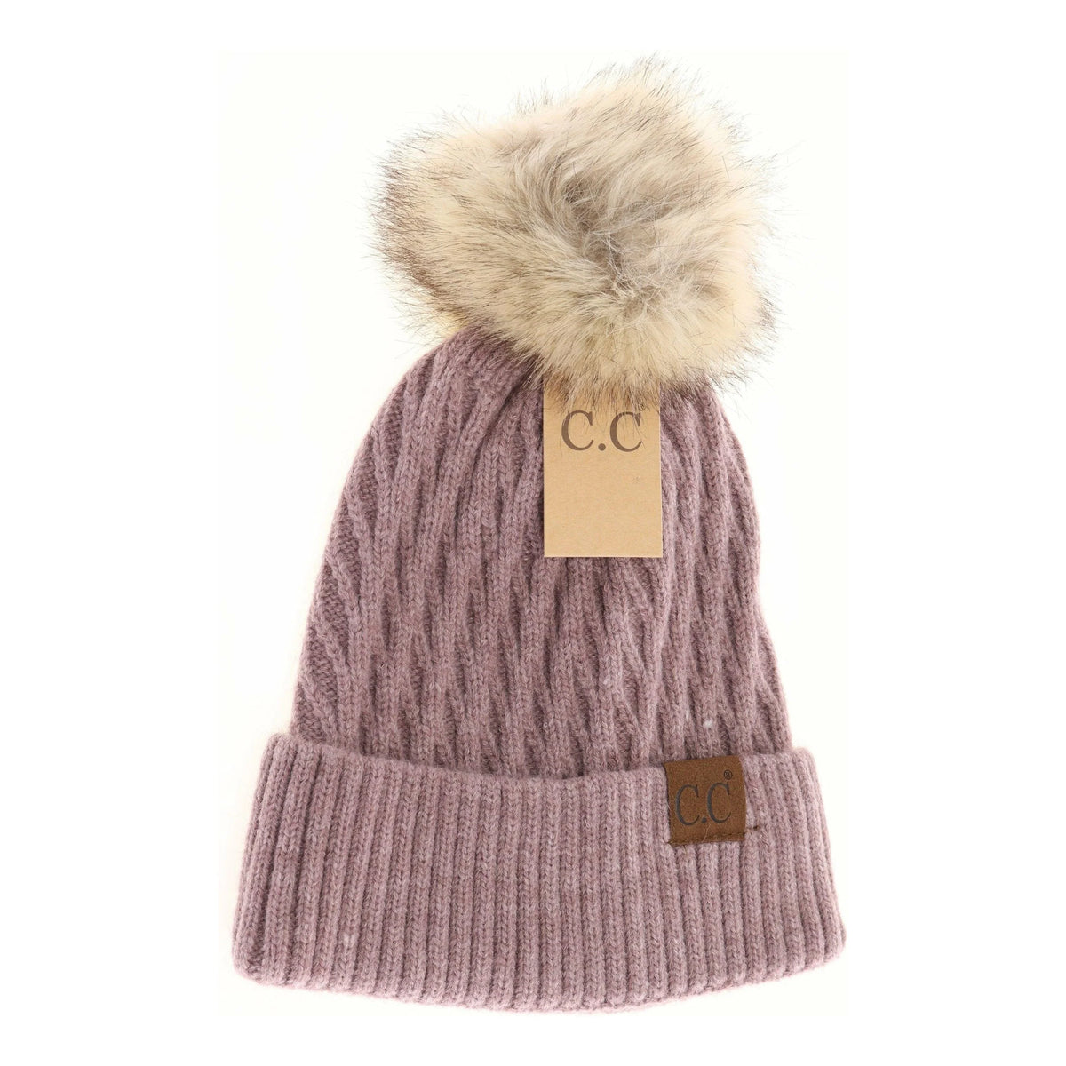 Solid Honey Comb Fur Pom CC Beanie
